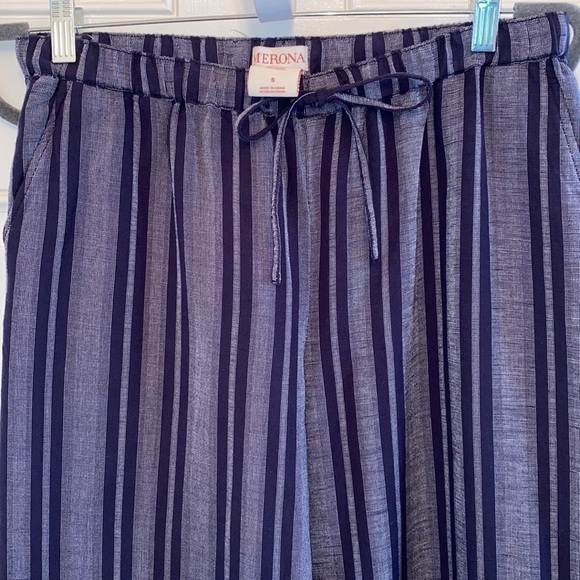 Blue Linen Wide Leg Striped High Rise Drawstring Pockets Bohemian Pants Summer - Picture 6 of 14